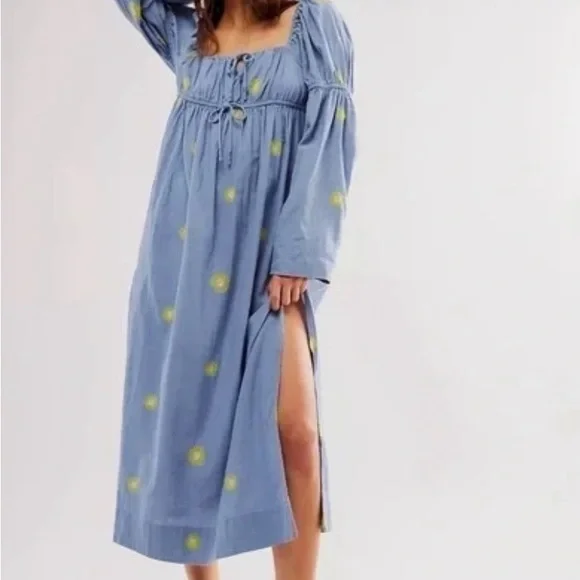 Free People Blue Midi Dress with Yellow Dot Embroidery - Picture 2 of 8